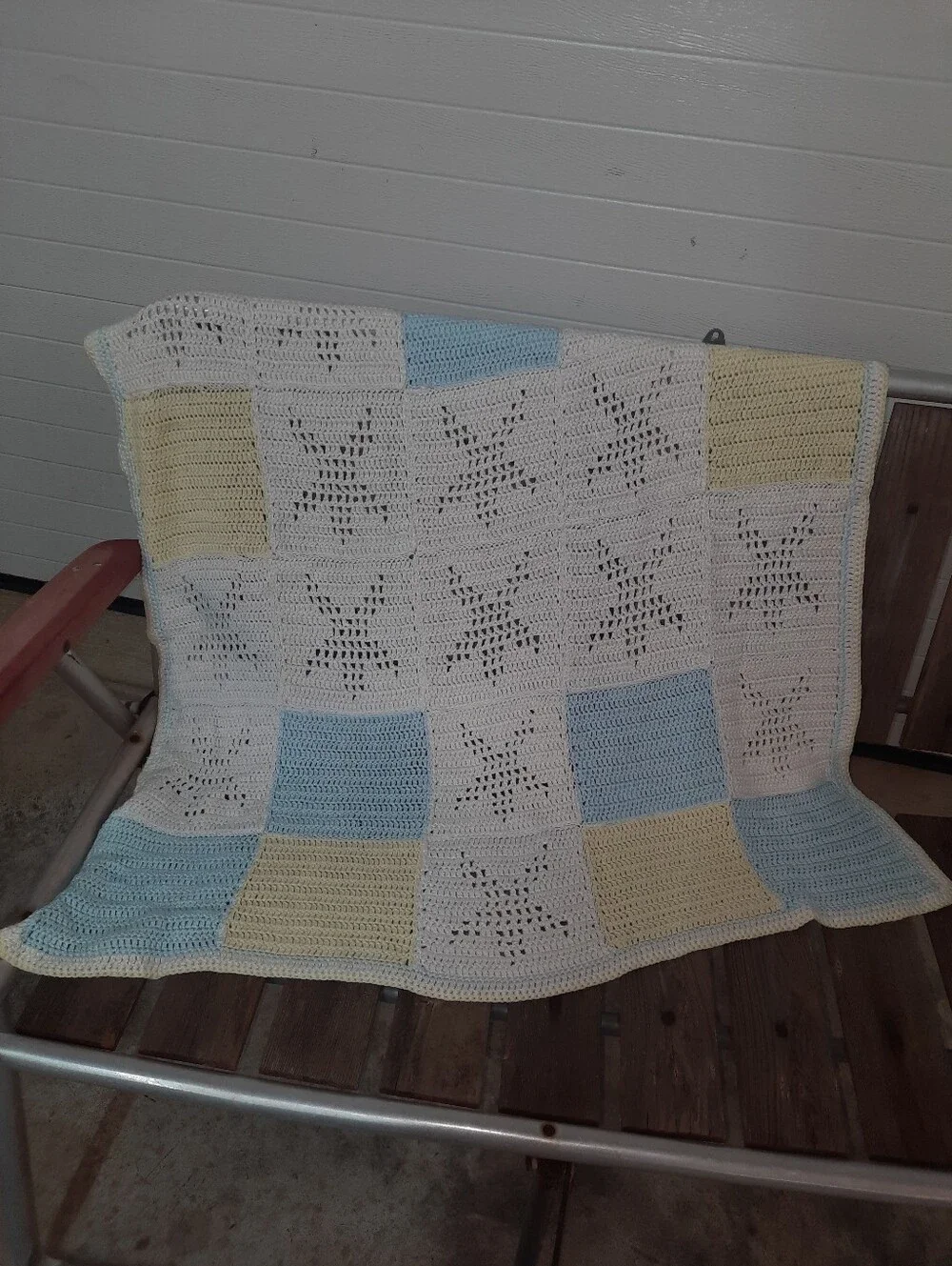 Handmade Crochet Star Baby Blanket in White, Blue & Yellow